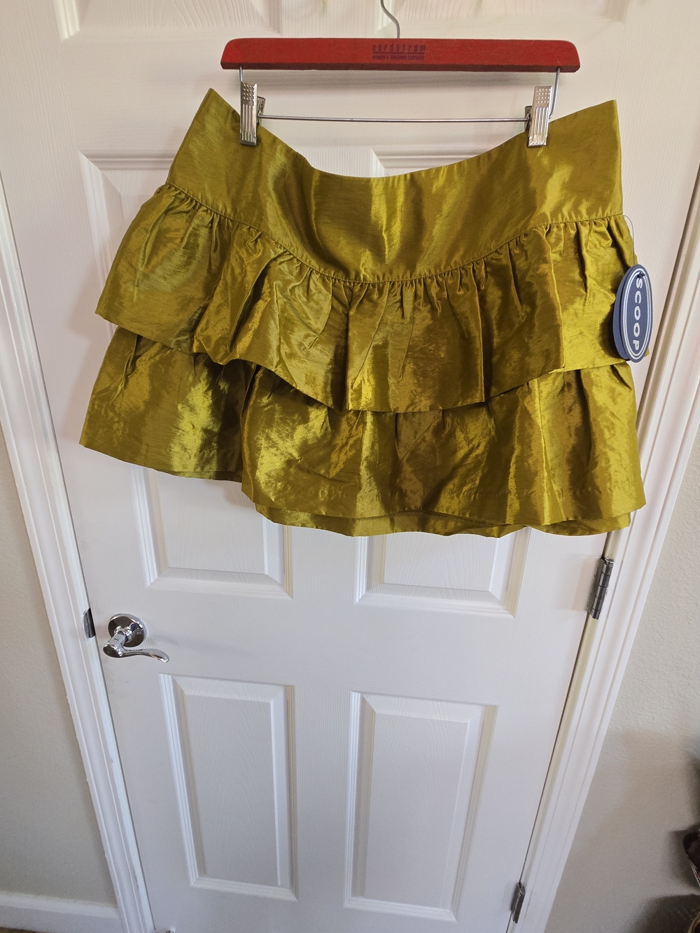 SCOOP Iridescent Olive Green Taffeta Tiered Ruffle Mini Skirt- Size XL